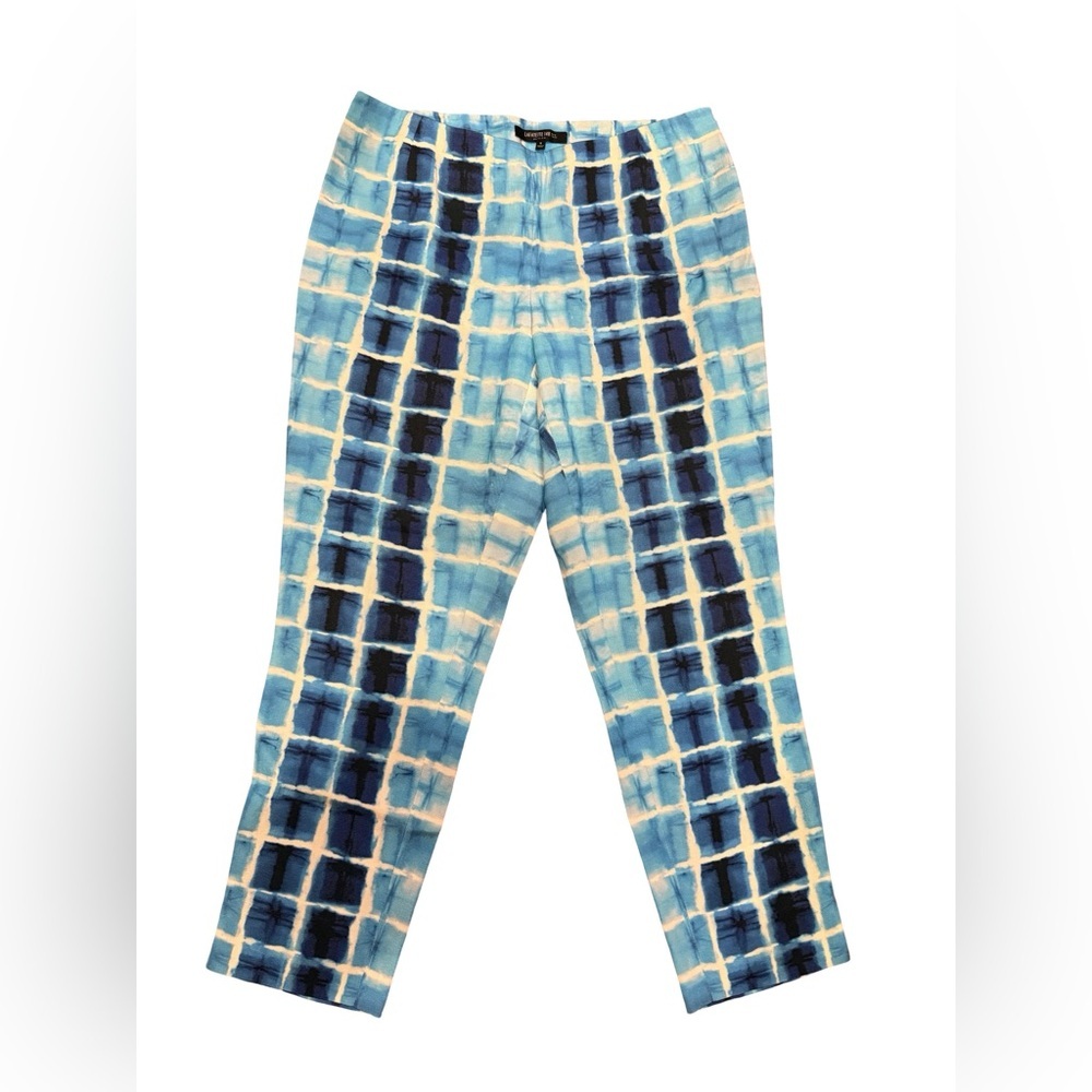 Lafayette 148 NY Stanton Pants Petite 6 Blue Tie Dye Grid Print Cropped Straight